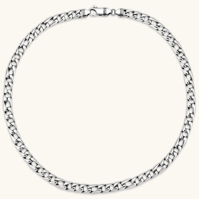 Polished 316L stainless steel Cuban link chain necklace, 9.6mm wide, with Greek key lobster clasp, silver tone.