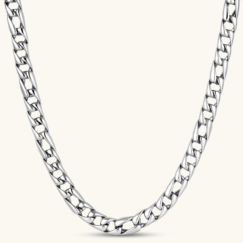 Polished 316L stainless steel Cuban link chain necklace, 9.6mm wide, with Greek key lobster clasp, silver tone.
