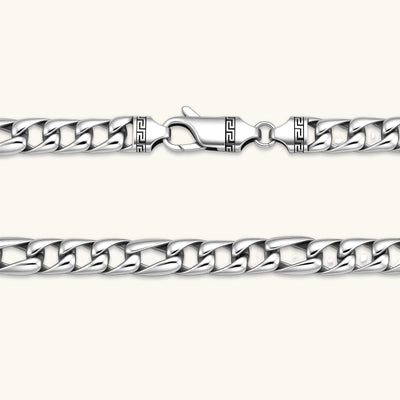 Polished 316L stainless steel Cuban link chain necklace, 9.6mm wide, with Greek key lobster clasp, silver tone.